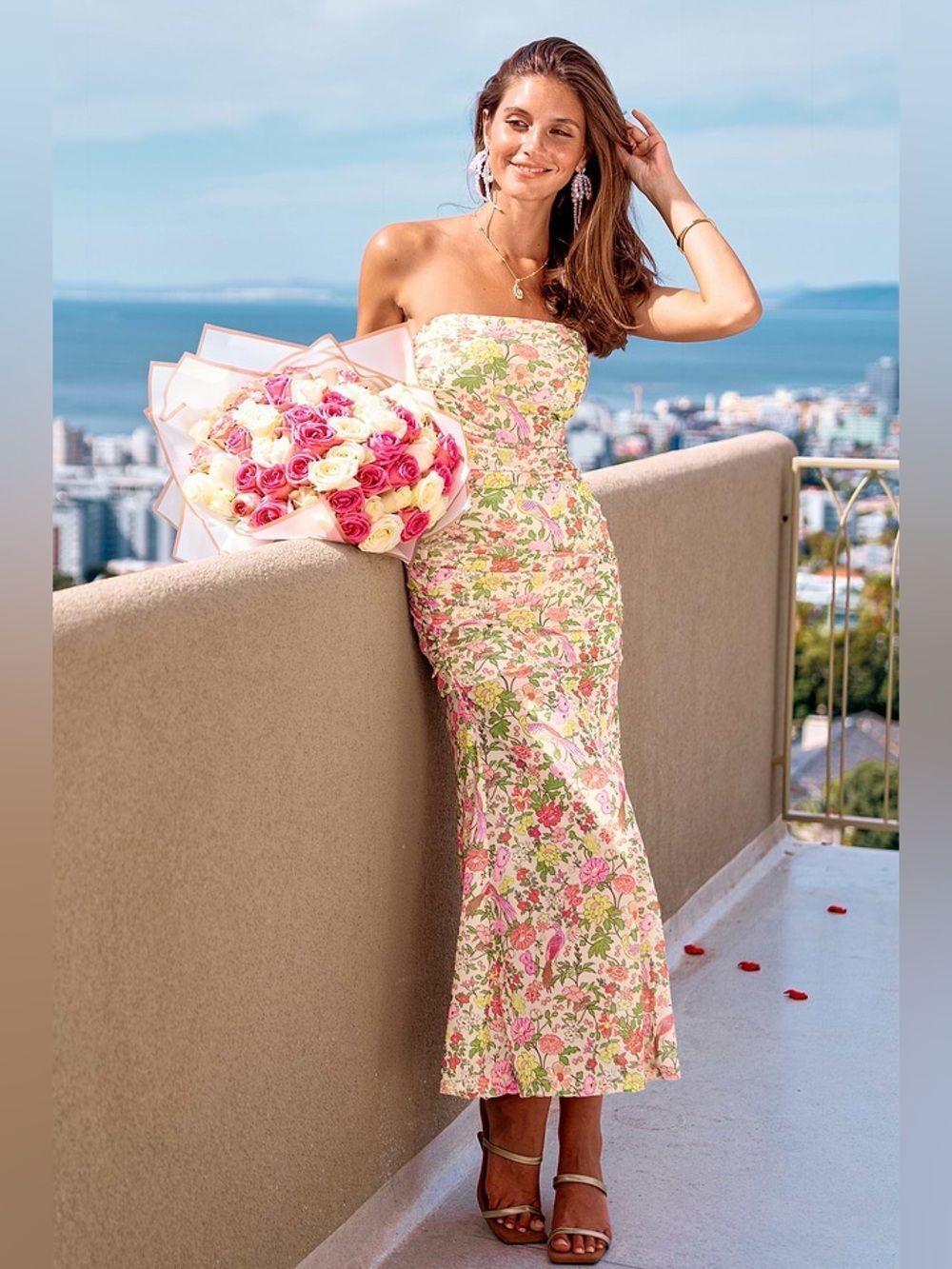 NWT Cupshe Wildflower Season Floral Strapless Ruched Maxi Dress Medium